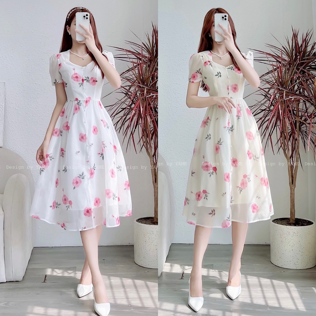 Váy hoa cổ vuông dáng dài tay bồng hai màu trắng, be Lolie YAME