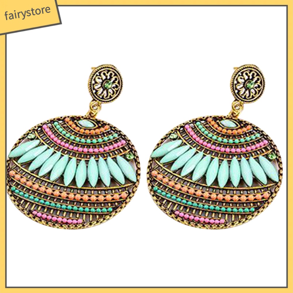 Khuyên Tai Mặt Tròn Đính Đá Nhiều Màu Sắc Phong Cách Bohemia