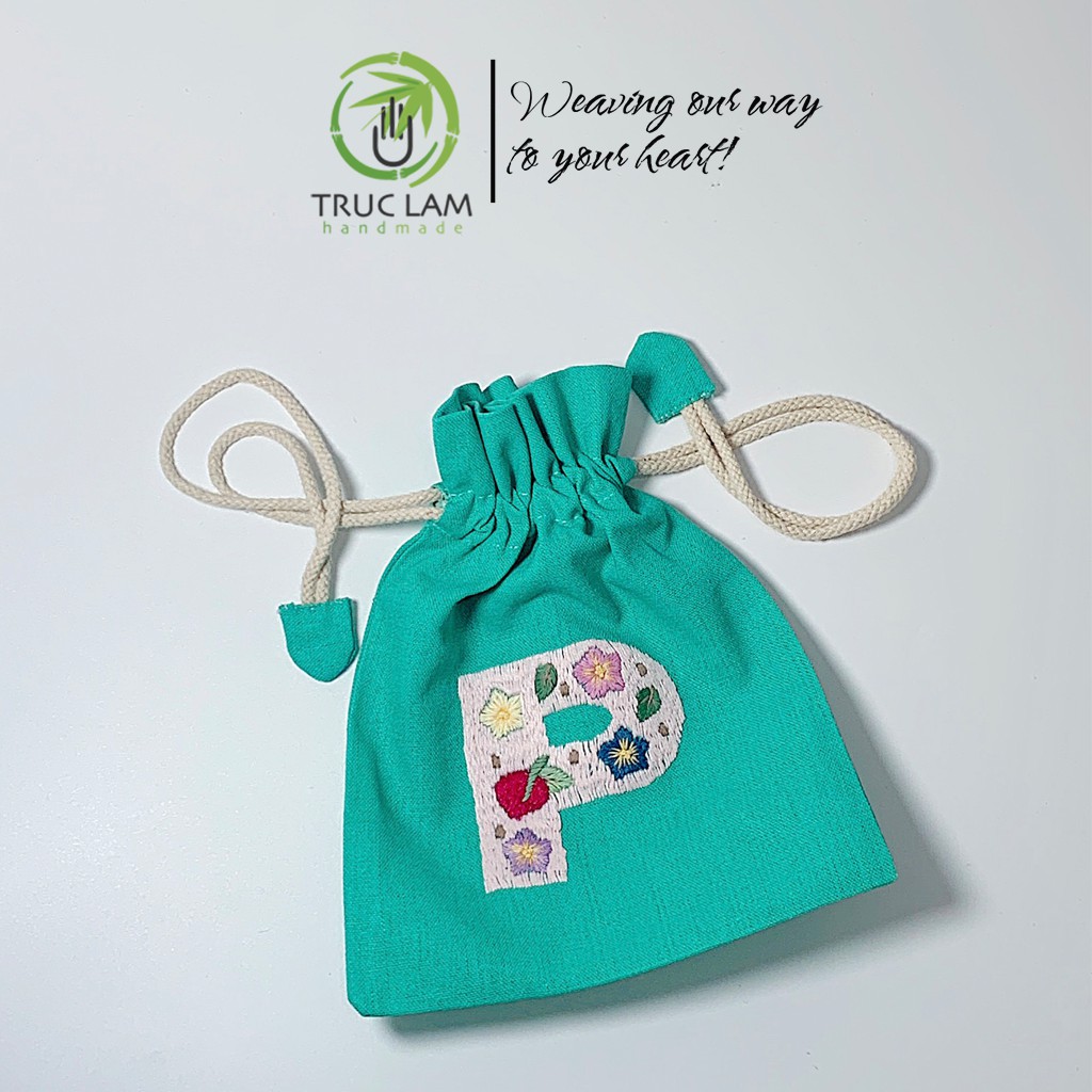 Túi Dây Rút Thêu Tay Họa Tiết Chữ Cái P Phối Hoa Văn Nhiều Màu Sắc - Trúc Lâm Handmade