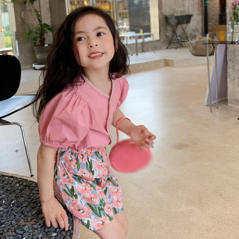 Set Áo Sơ Mi Tay Ngắn Phồng Phối Quần Short In Hoa Thời Trang Mùa Hè Phong Cách Hàn Quốc Cho Bé Gái
