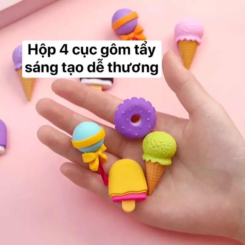 Hộp 4 cục gôm tẩy sáng tạo dễ thương hình kem ốc quế, kem que, cây kẹo, bánh Donut.