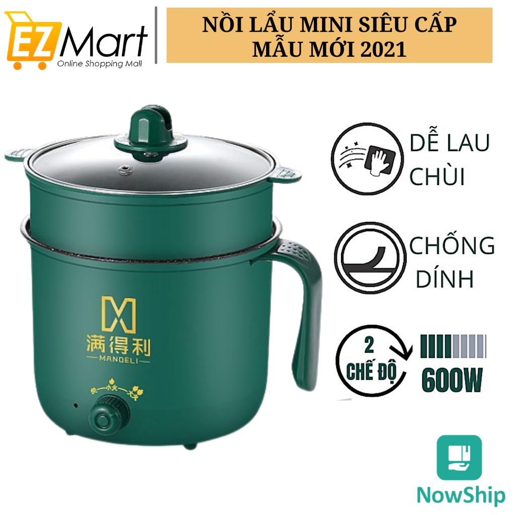 Nồi Lẩu Điện Mini 1.8L Kèm Giá Hấp, Ca Nấu Mì Có Tay Cầm - Nồi Lẩu Đa Năng 2 Nấc Nhiệt Mẫu Mới 2021