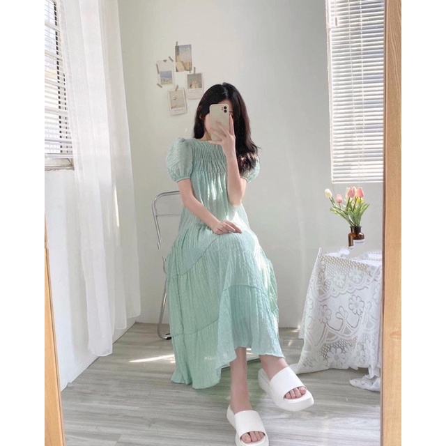 [Ảnh thật/Video]Váy babydoll Yona dáng dài tông màu nổi bắt mắt phong cách nhẹ nhàng Đầm voan tơ nhún bèo