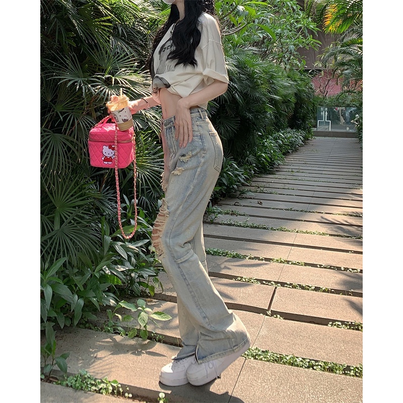 Quần Jean Nữ Lưng Cao Ống Đứng Rách Gối Phong Cách Đường Phố
