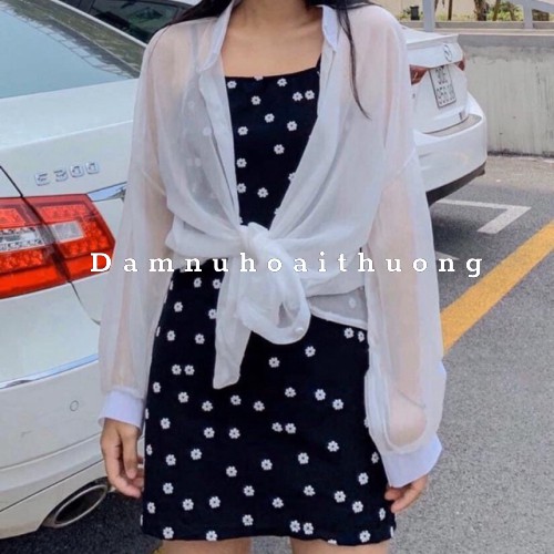 Đầm nữ kèm áo voan ⚡FREESHIP⚡ set đầm dáng ôm hoa cúc kèm áo khoác ngoài siêu xinh cho bạn nữ tự tin
