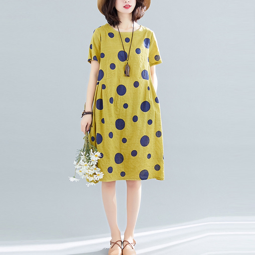 Đầm Tay Ngắn Cổ Tròn Chất Cotton Linen Phong Cách Retro | BigBuy360 - bigbuy360.vn