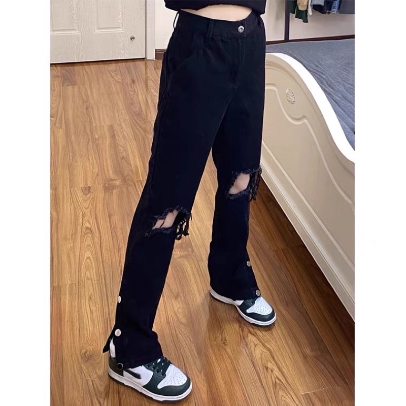 Quần jean button 3 cúc rách gối nam nữ phong cách unisex cargo pant