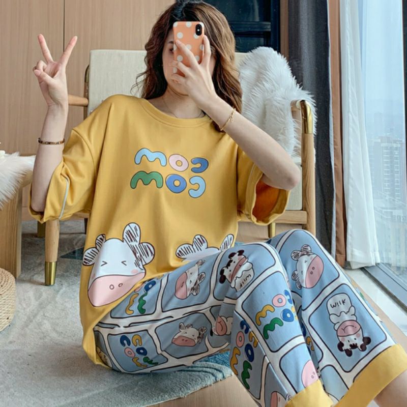 [ SẴN]Đồ bộ thun quần dài, đồ mặc ở nhà Quảng Châu, họa tiết hoạt hình bò sữa Comcom dễ thương