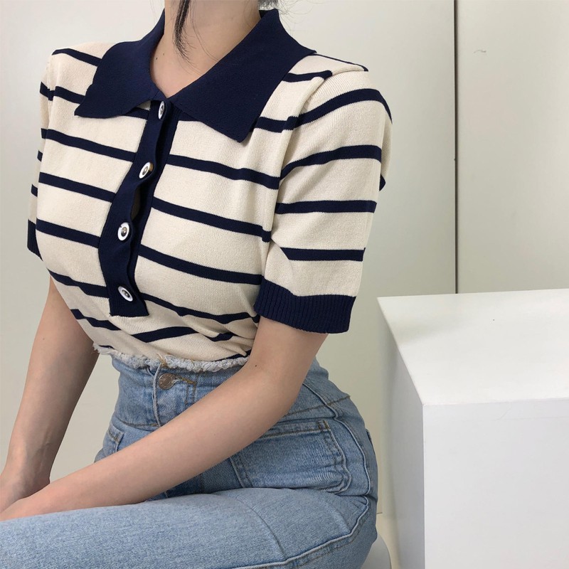 Áo thun nữ Ngắn tay Cổ bẻ POLO Phối cúc Ulzzang Hàn Quốc Áo Phông thun nữ Tay ngắn Có cổ Retro Thời trang | BigBuy360 - bigbuy360.vn