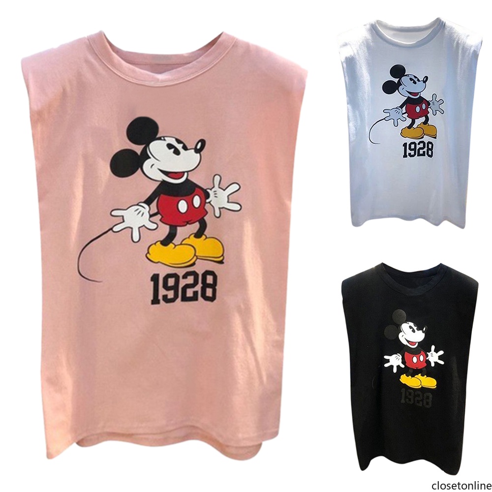 Áo thun sát nách cổ tròn dáng rộng mềm mại in hình chuột Mickey thời trang mùa hè cho nữ