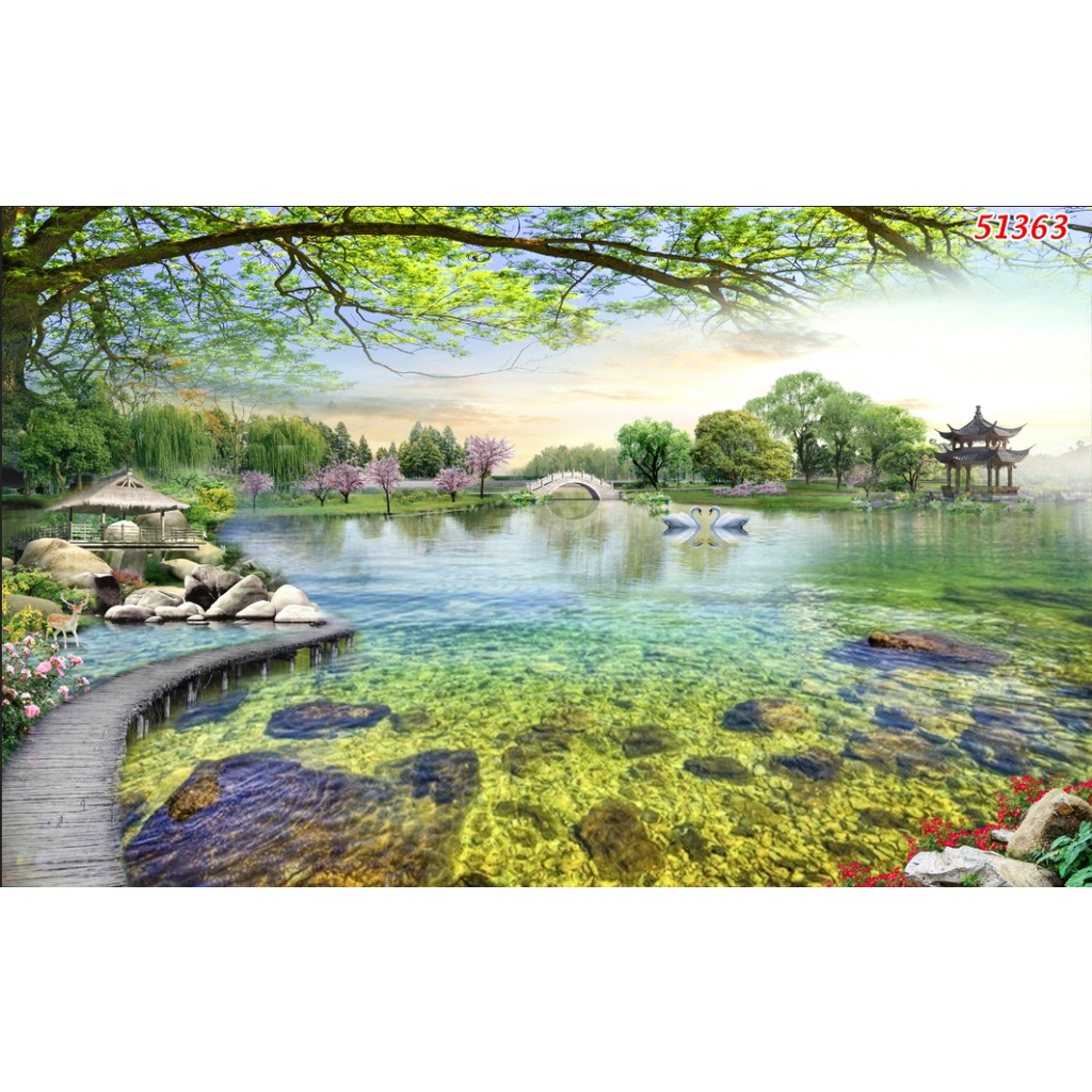 Tranh dán tường 3d thác nước rừng cây thiên nhiên, chất liệu chống thấm nước, không lo phai màu