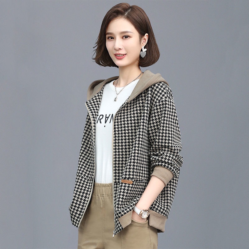 Áo Khoác Dáng Rộng Ngắn Họa Tiết Răng Tròn Thời Trang Xuân Thu Cho Phụ Nữ Trung Niên