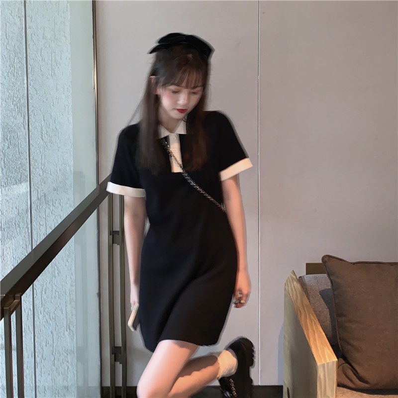 【ZHELIHANGFEI】Đầm Thun Đen Dệt Kim Cổ Bẻ Chiết Eo Thiết Kế Cỡ Nhỏ Thời Trang Trẻ Trung