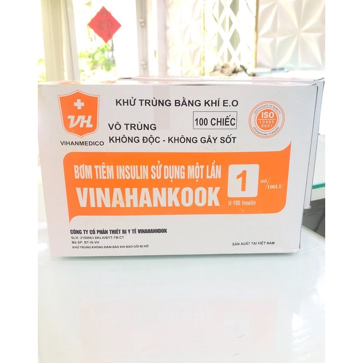 Hộp 100 bơm tiêm tiểu đường Vinahankook (1ml/100IU, 30G)