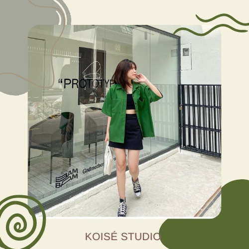 [ HÀNG THIẾT KẾ - KOISÉ STUDIO ] ÁO SƠ MI XANH LÁ TAY NGẮN FORM RỘNG HOT TREND