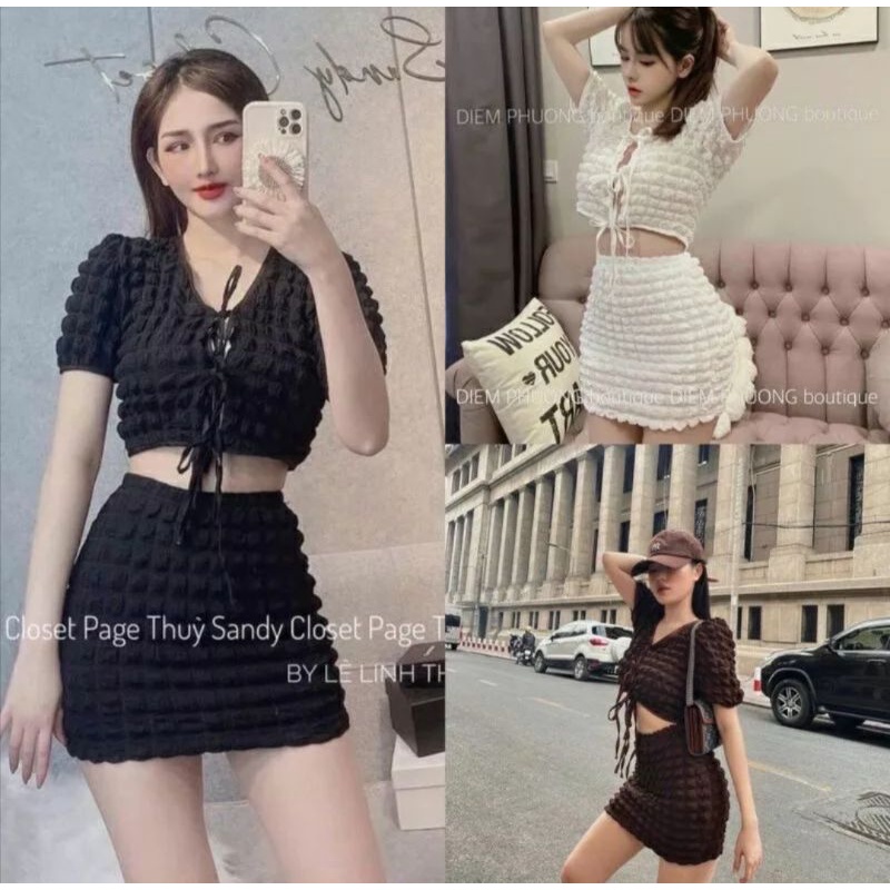 BIGSIZE SET ÁO CROPTOP CỘT KÈM CHÂN VÁY CHÂT XỐP Ô VUÔNG