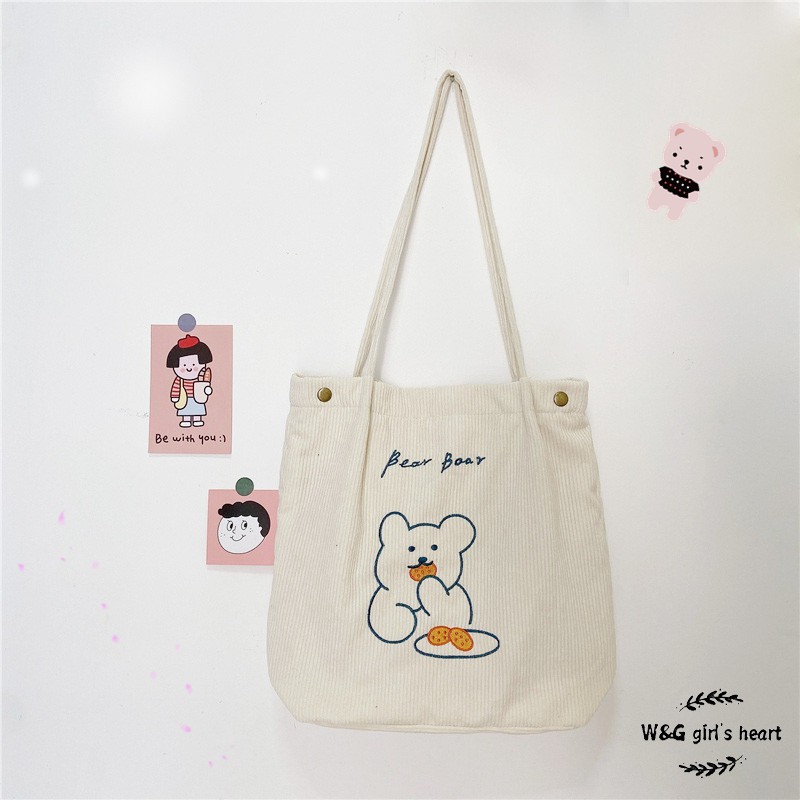 <24h delivery>W&G Japanese corduroy embroidered bear shoulder bag Qing college style student girl Korean version all-match shopping bag