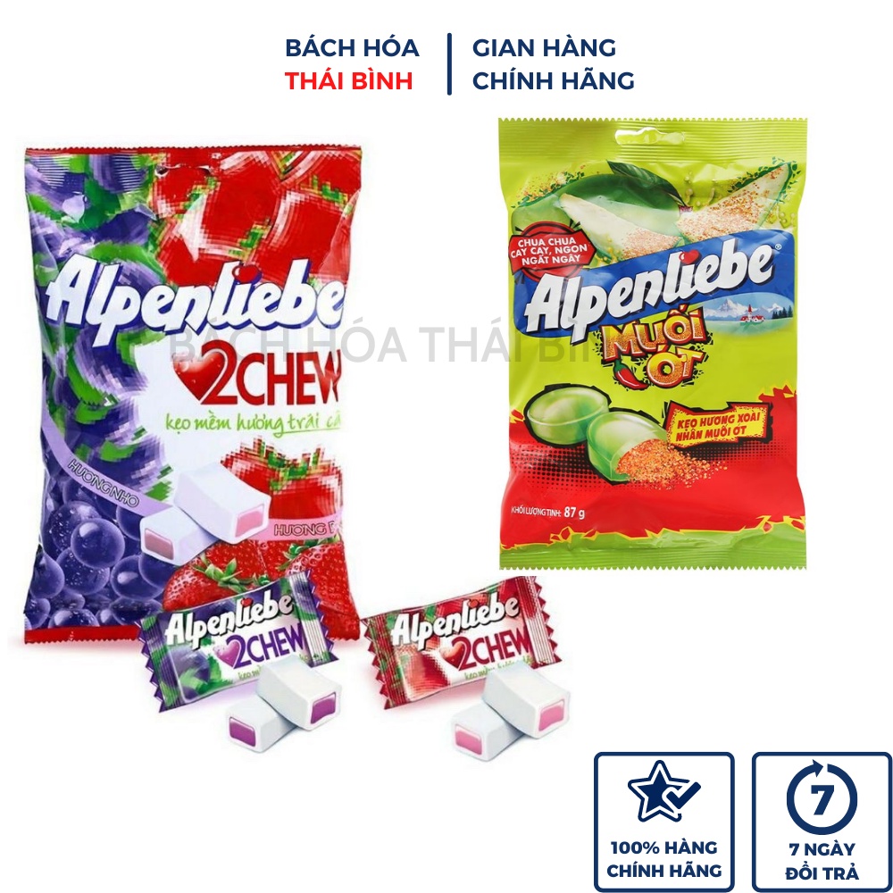 Kẹo Mềm Alpenliebe 2Chew kiwi chanh dây / Hương xoài nhân muối ớt gói 87g
