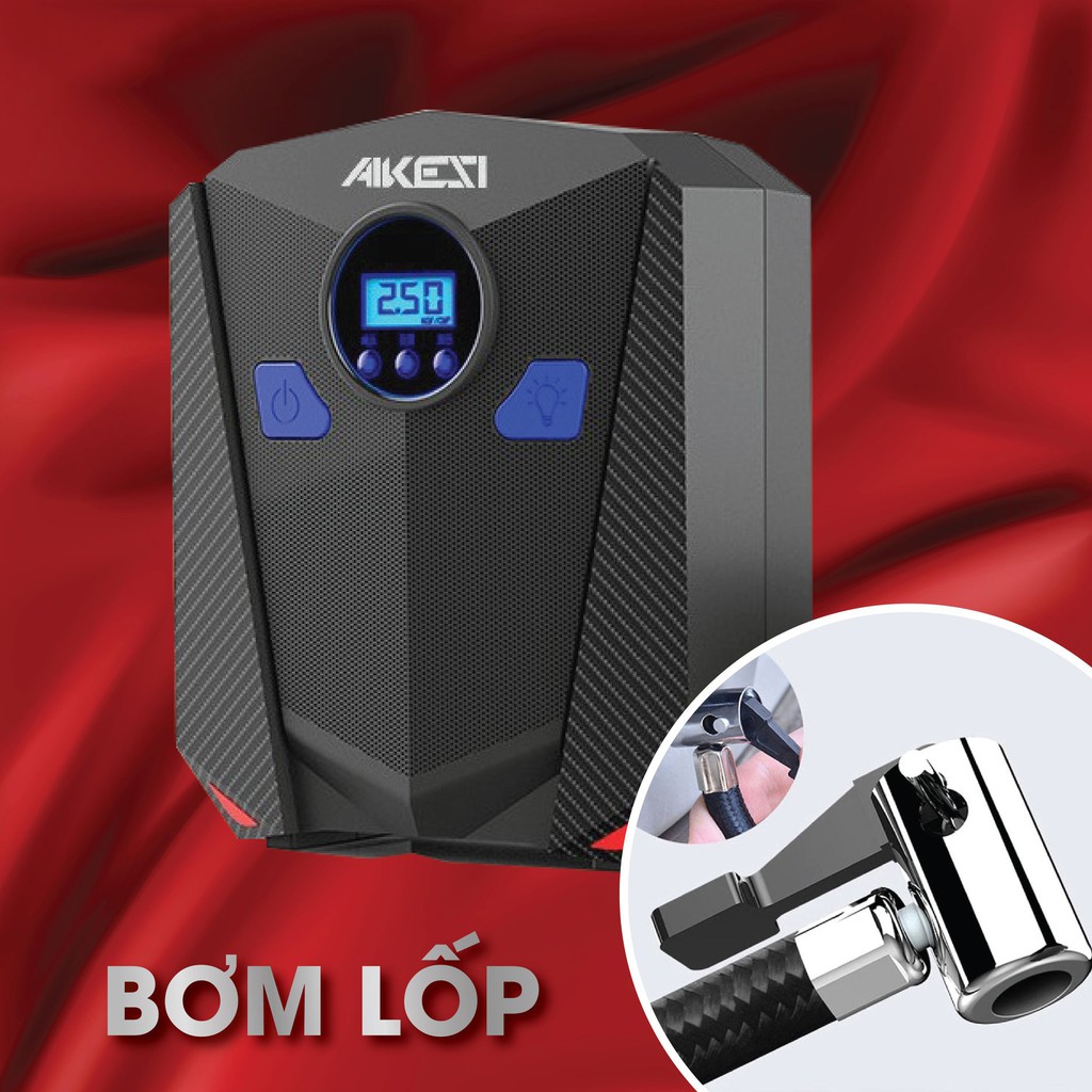 Bơm lốp ô tô, Bơm lốp xe hơi điện tử tự ngắt AIKESI 12V,12W, Kích thước: 20 x 17 x 8cm, thiết kế nhỏ gọn