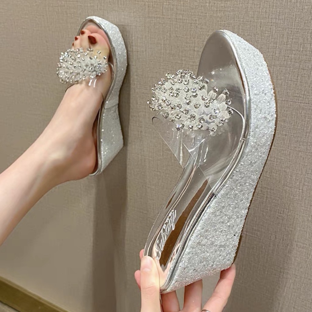 Dép đế xuồng nhũ kim sa quai đính đá 8-12 cm, hàng cao cấp