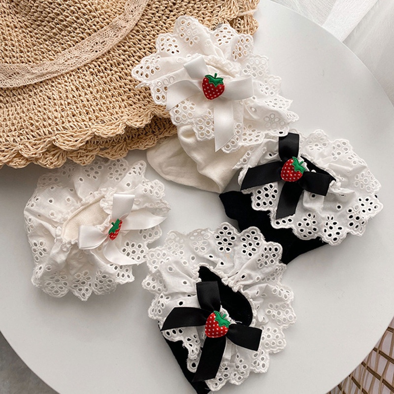 Youyo Đôi Vớ Ngắn Phối Ren Viền Bèo Đính Nơ Dâu Tây Phong Cách Preppy Lolita Ngọt Ngào Cho Nữ