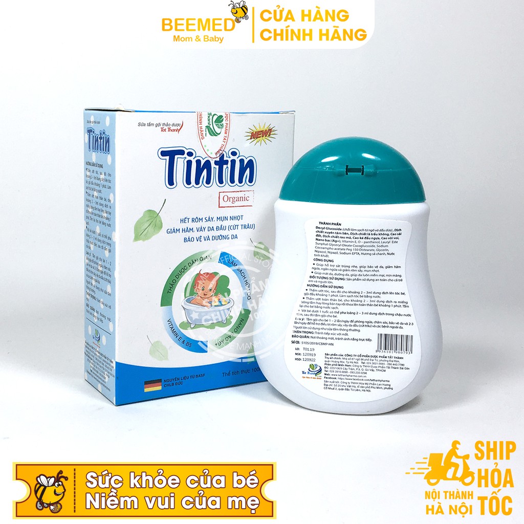 Sữa tắm gội cho bé Tintin - Chai 100ml - Không gây cay mắt, cho trẻ từ sơ sinh từ thảo dược, giảm rôm sảy, mẩn ngứa