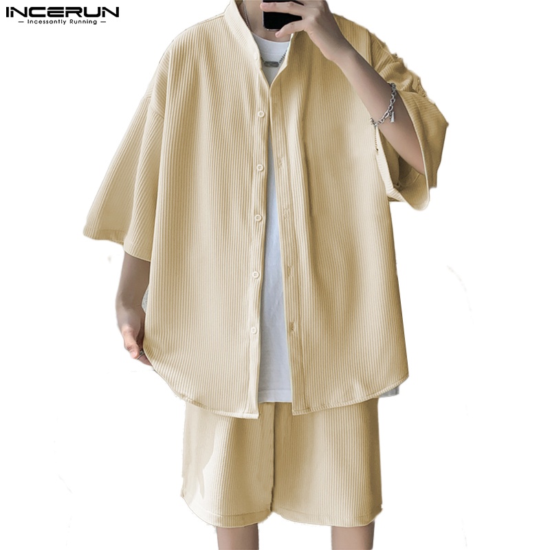 Bộ đồ INCERUN gồm áo sơ mi và quần short dáng rộng thời trang cho nam