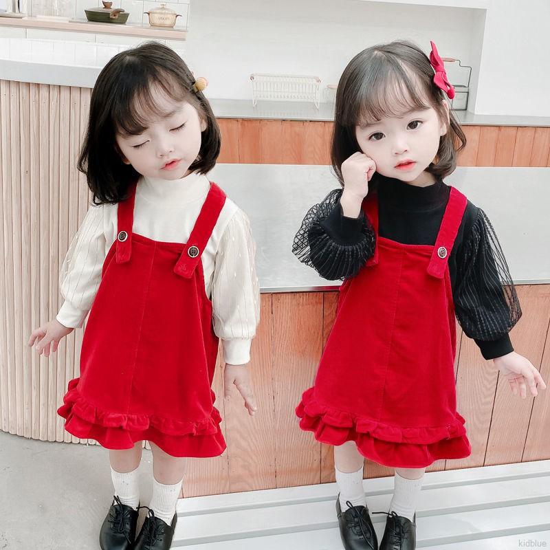 Set Áo Thun Dài Tay + Đầm Yếm Hàn Quốc Cho Bé Gái