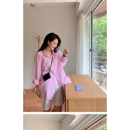 Áo Sơ Mi Nữ Kẻ Đuôi Tôm Kẻ Xốp Trơn Vải Xốp - Ao somi dài Tay dáng Thụng - AAG99 - SM003