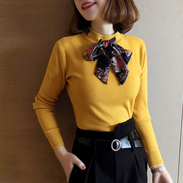 Áo Len Nữ Cổ Tròn Công Sở Cao Cấp Phối Khăn Họa Tiết Hoa Thắt Nơ Hàn Quốc SAVVY Sweater