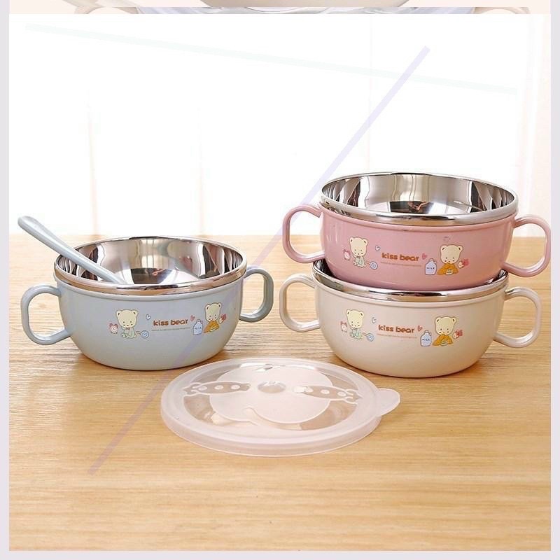 Bát/Chén ăn dặm inox cách nhiệt kèm muỗng và nắp đậy cho bé