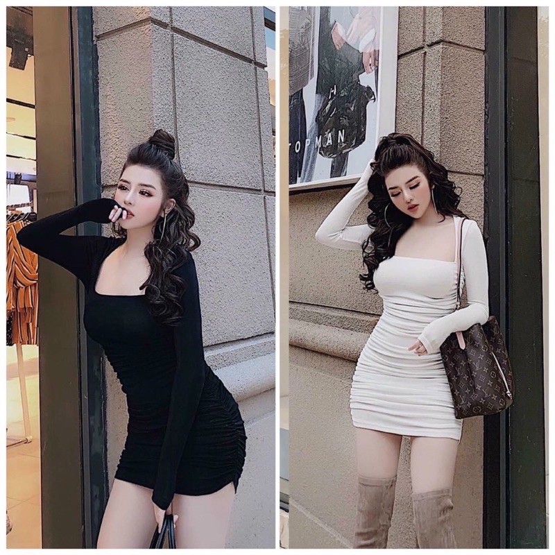 Đầm body cổ vuông tay dài nhún eo thun porip | BigBuy360 - bigbuy360.vn