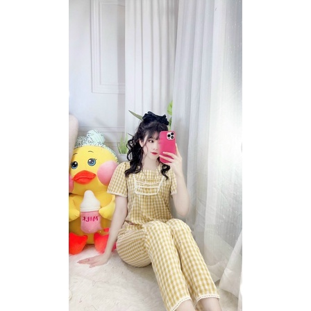 Bộ mặc nhà nữ hoạ tiết kẻ ô chất đũi lụa Bộ ngủ siêu xinh hàng thiết kế cao cấp