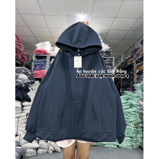 Áo hoodie trơn chất liệu nỉ bông form rộng có cúc bấm mũ 2 lớp