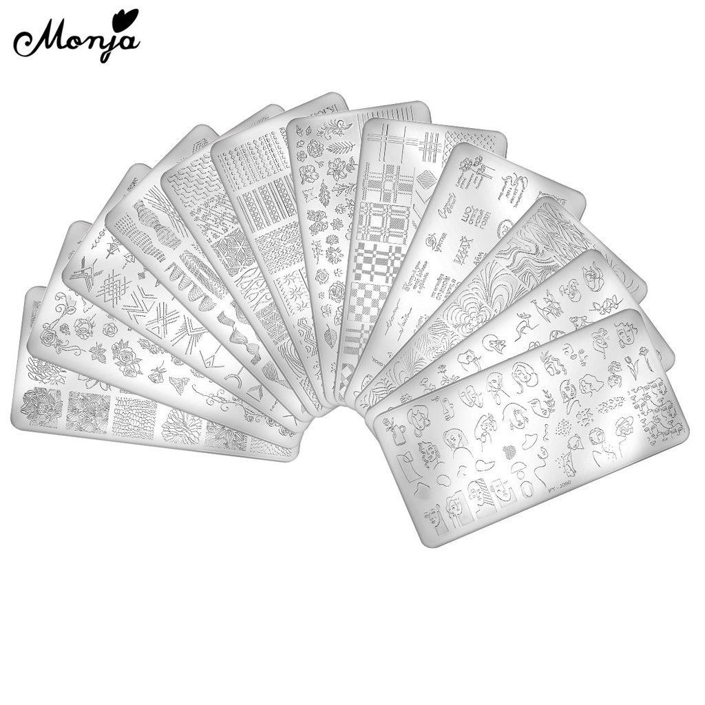 MONJA Khuôn trang trí móng tay có 12 kiểu họa tiết độc đáo tùy chọn