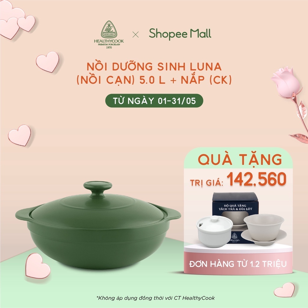 Nồi sứ dưỡng sinh Minh Long - Luna 5.0 L + nắp dùng cho bếp gas, bếp hồng ngoại, không dùng cho bếp từ