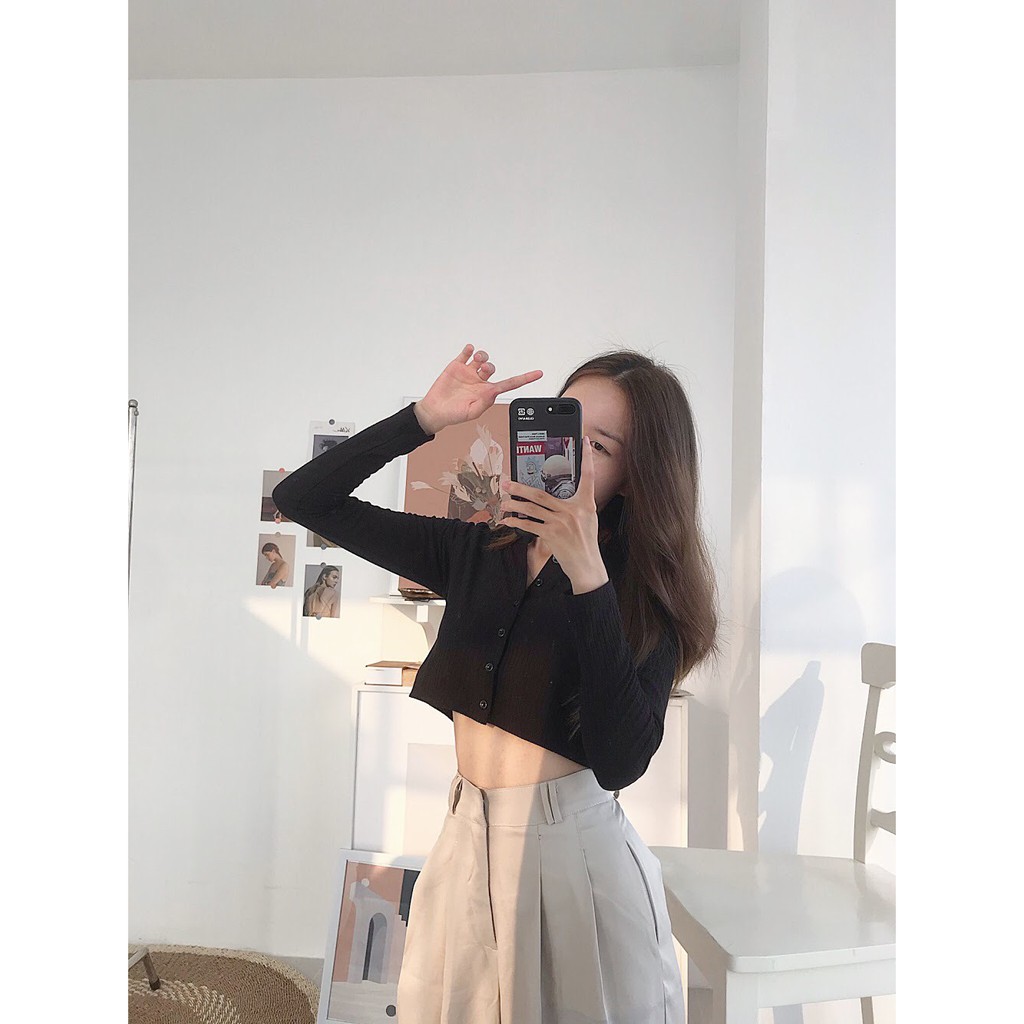 Áo croptop tay dài gài nút [HÌNH THẬT ĐỘC QUYỀN KÈM VIDEO