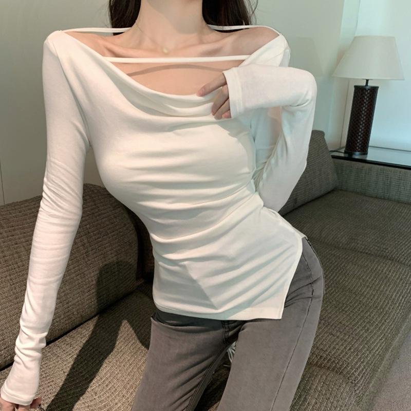 Áo thun tay dài cổ xéo màu trơn ôm dáng thời trang cho nữ