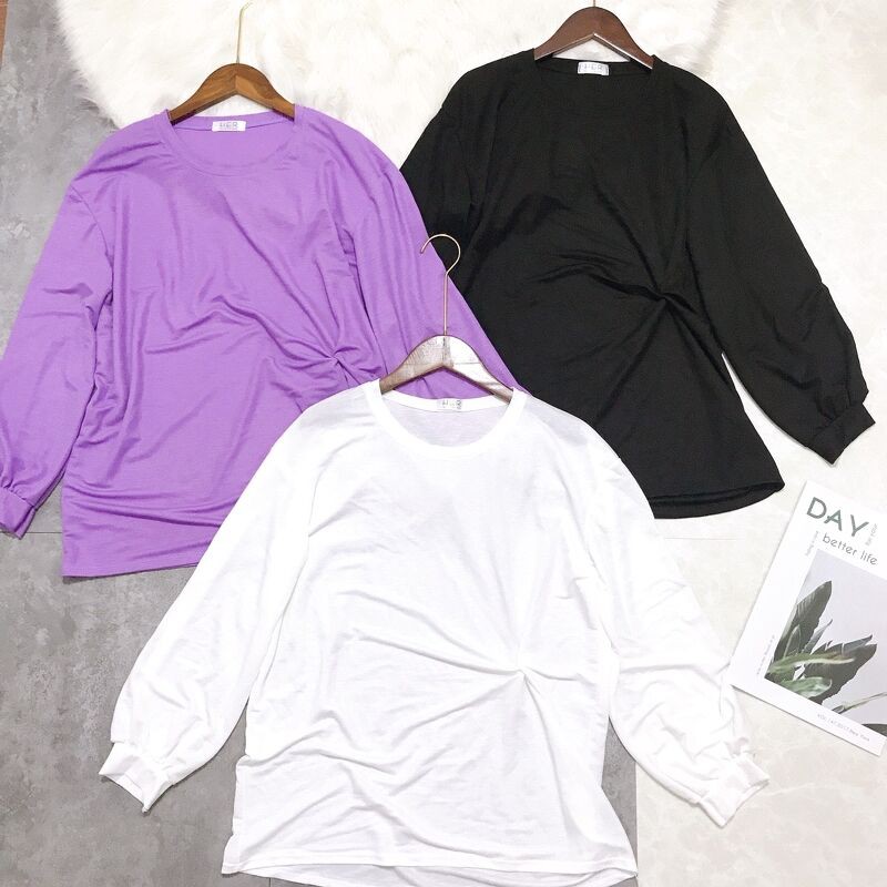 Áo phông cổ tròn xoắn eo bo tay