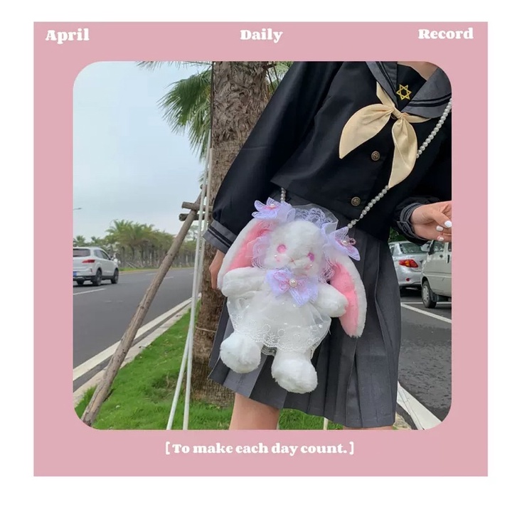 YASAS0107-Túi xách lolita thỏ bông gắn nơ dây hạt
