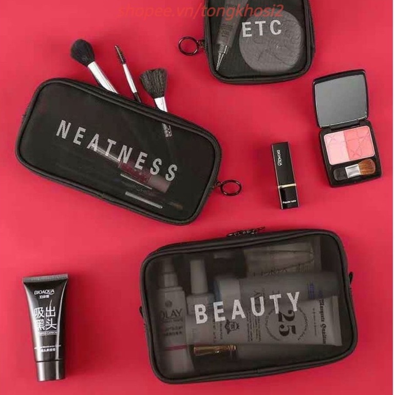 Bộ 3 Túi Lưới Đựng Mỹ Phẩm, Đồ Makeup Trang Điểm - Túi Ví Đựng Đồ Cá Nhân Du Lịch Vải Lưới Đa Năng