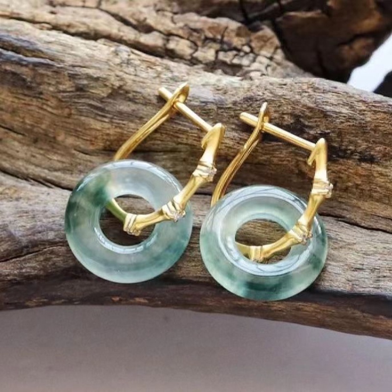❤Khuyên Tai Tròn Bằng Tre Bạc Khảm Đá Tự Nhiên Phong Cách Trung Hoa Mới Cho Nữ