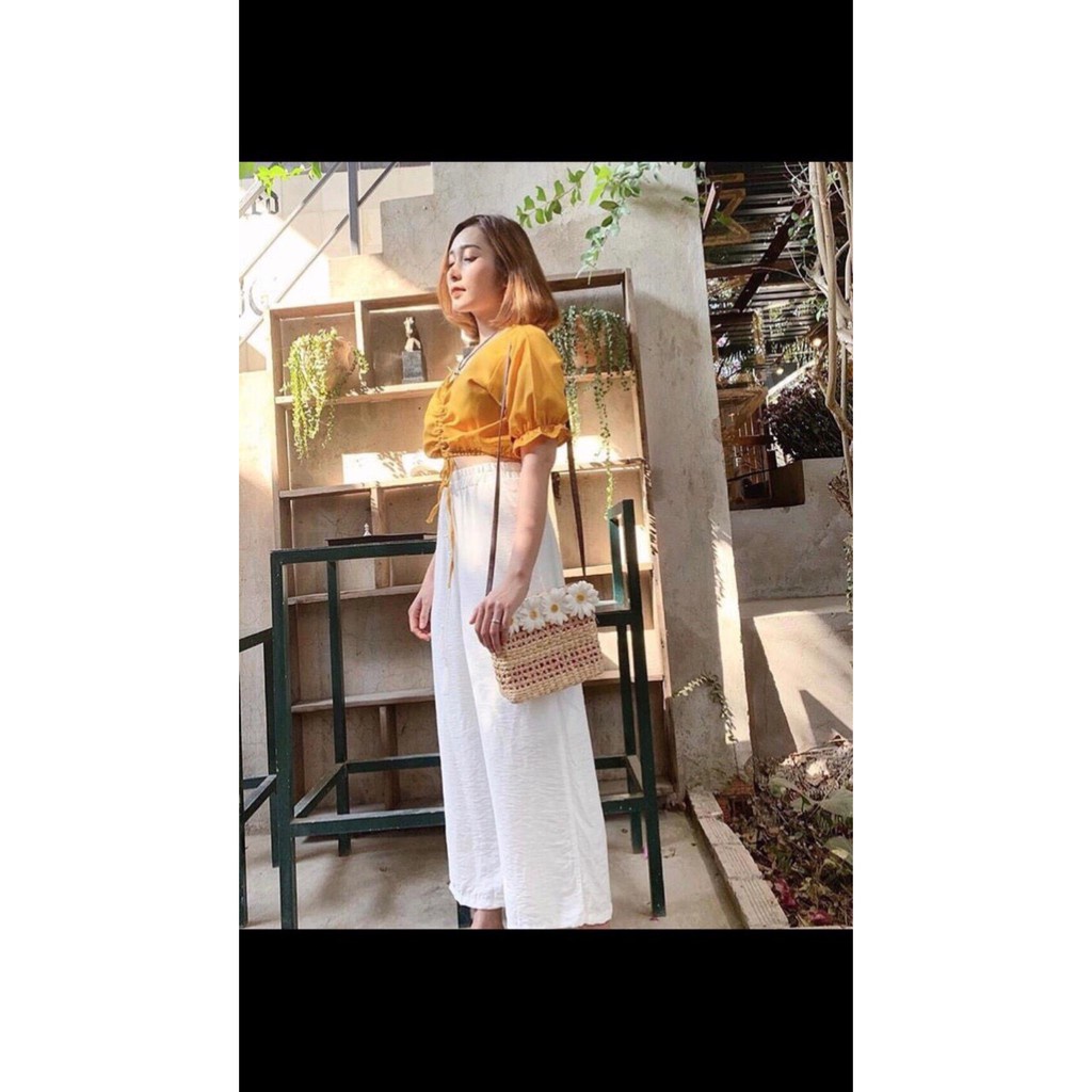 Set bộ áo croptop  tay phồng quần ống rộng suông dài xinh- Trễ vai