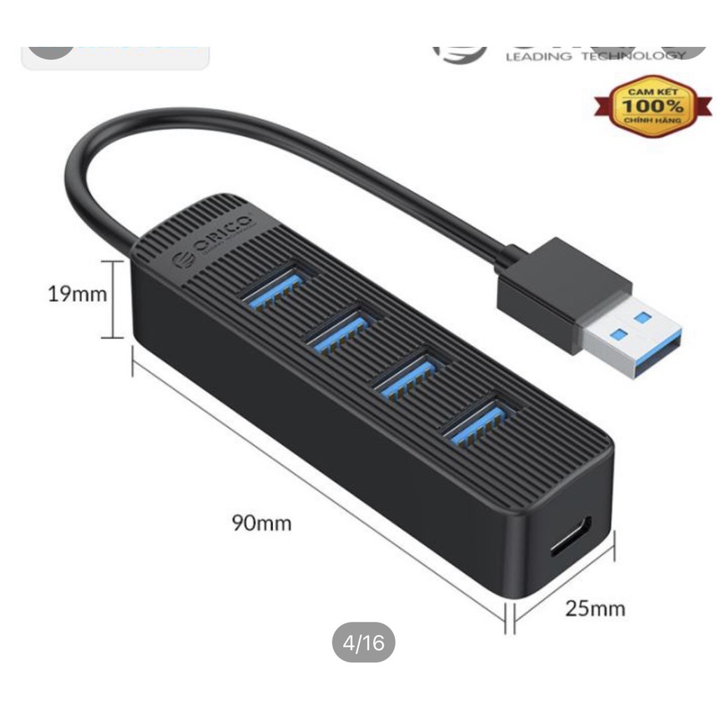 Bộ chia USB HUB 4 cổng Orico TWU3-4A-BK (Đen)-Hàng chính hãng