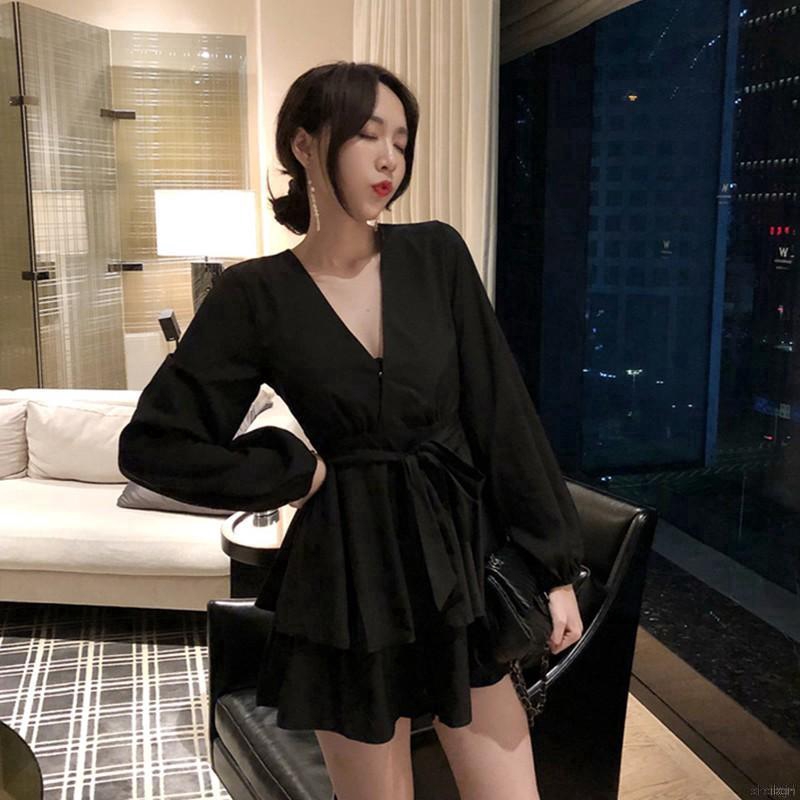 Đầm trơn màu eo cao tay dài thời trang thanh lịch