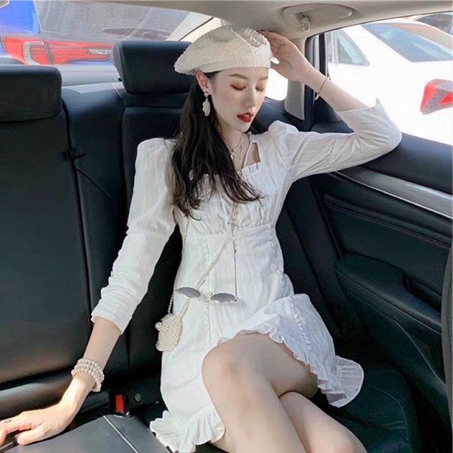 Bigsize S-4XL Đầm cổ vuông viền bèo dáng xoè nhẹ tiểu thư