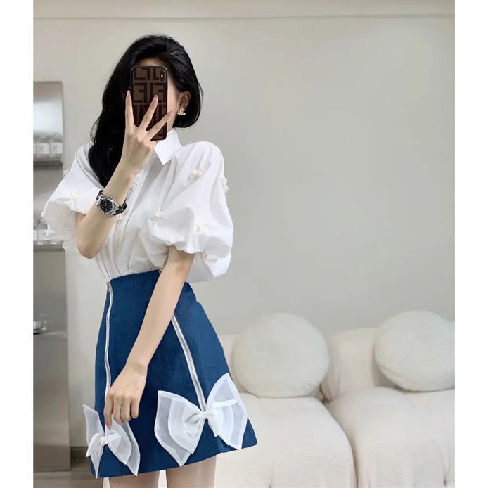 Set áo sơ mi tay phồng phối nơ + chân váy ba chiều thời trang mùa hè xinh xắn cho nữ