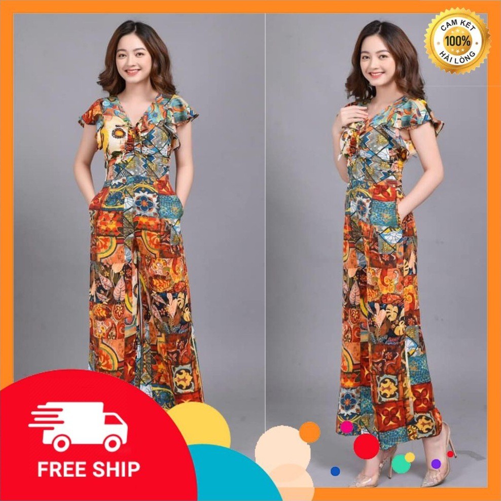 Bộ đồ bay - Jumpsuit ống rộng in họa tiết cao cấp