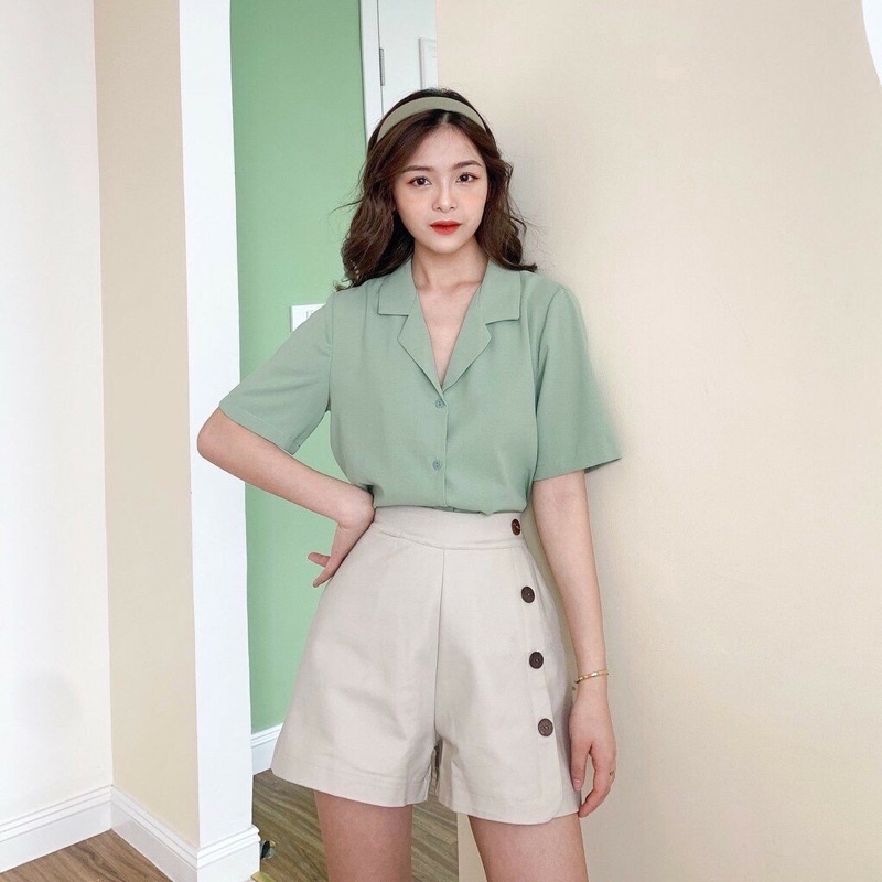 Áo sơ mi nữ nhiều màu cổ vest chất liệu đũi trơn tay ngắn, áo sơ mi nhiều màu phong cách