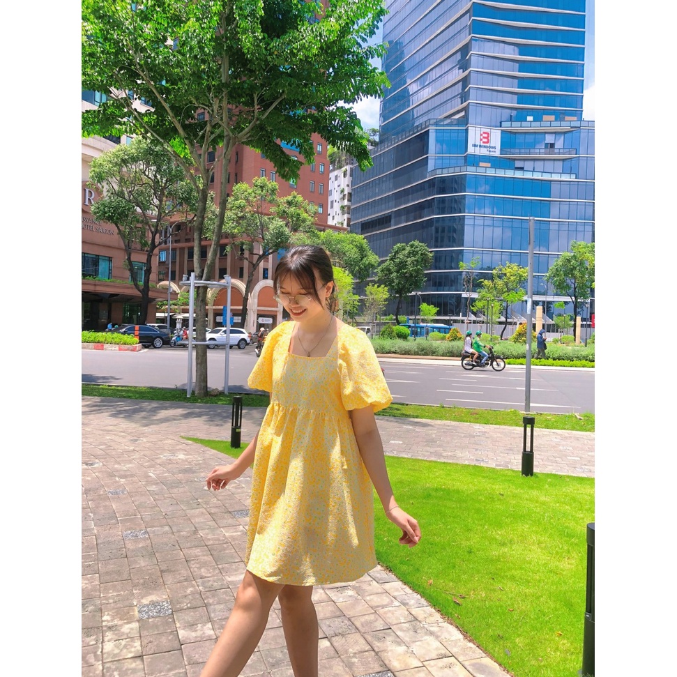 Váy babydoll Mimoseclothing vàng hoa mặt trời phong cách Hàn Quốc Đầm babydoll hoa nhí xoè bồng bềnh Babydoll freesize